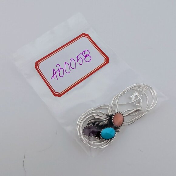 Navajo Pendant Necklace With Spiny Oyster Turquoise & Amethyst By Richard Begay - Picture 6 of 6